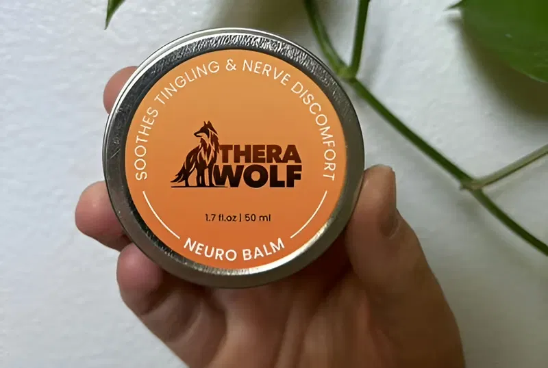 Detailed view of TheraWolf Relief packaging showcasing the high-quality natural ingredients used in this wellness product